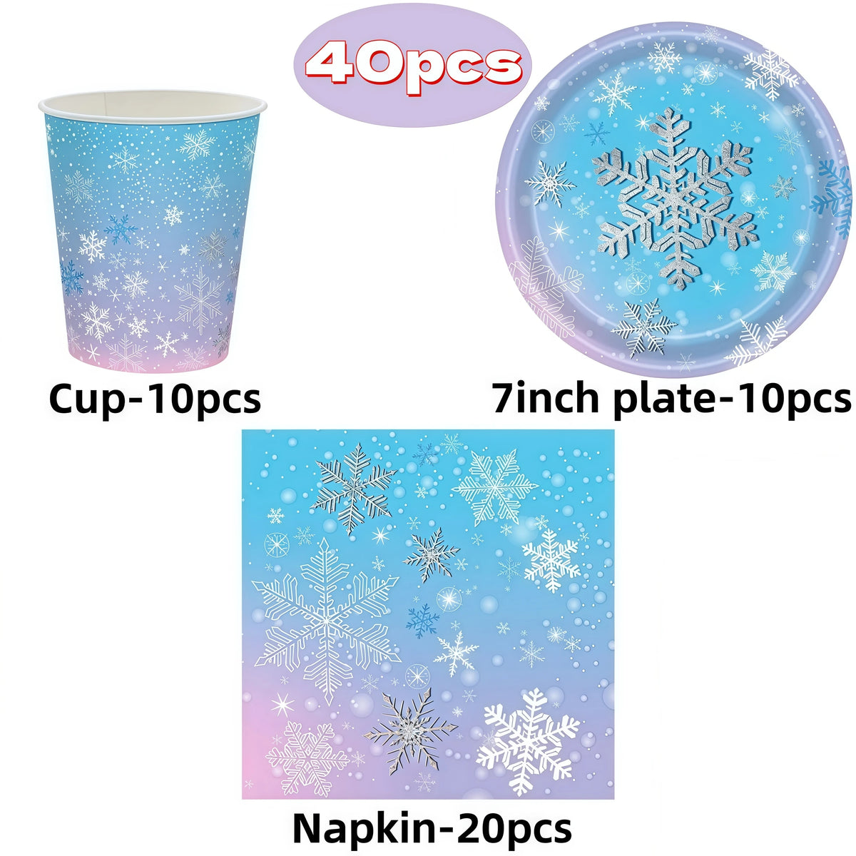 Snowflake Party Supplies – Cups, Plates, Napkins & Tablecloth Party Tableware Set Babs 40pcs others