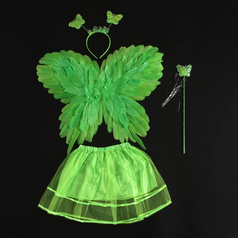 Girls Fairy Butterfly Feather Wings Costume Set with Skirt & Wand Kids Fairy Costume Set Babs green