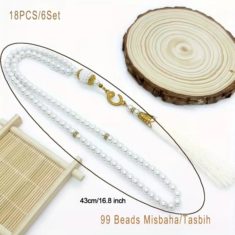 18pc Muslim Tasbih Prayer Beads Gift Set – 99 Glass Pearl Misbaha Prayer Beads Set Babs