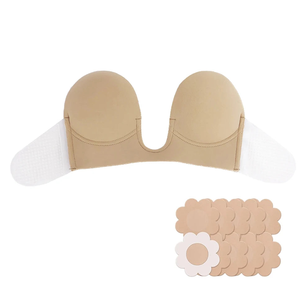 Women's Adhesive Push Up Bra – Backless Strapless Silicone Adhesive Silicone Bra Babs Beige Pack L