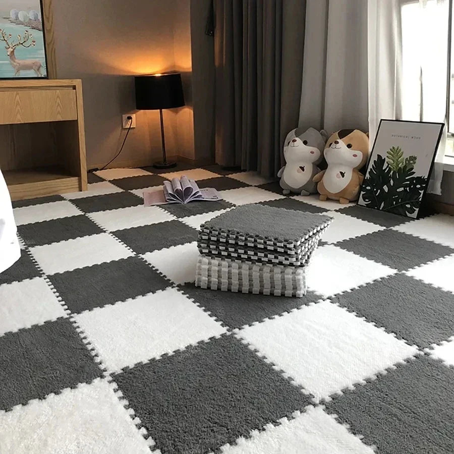 30x30cm Plush Interlocking Foam Floor Mat – Fluffy Area Rug Interlocking Floor Mat Babs GreyWhite-4Pcs