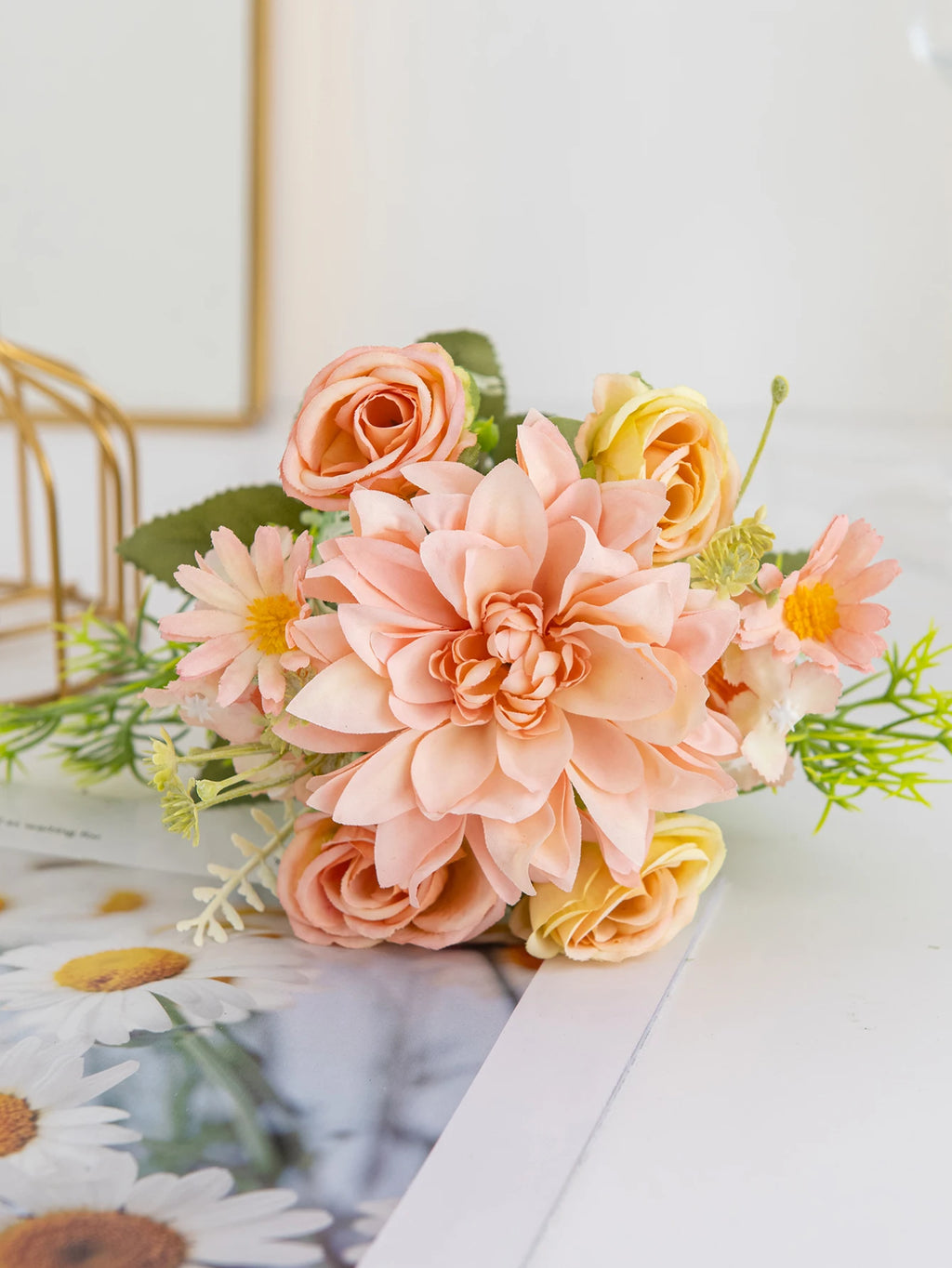 Artificial Silk Rose Dahlia Bouquet – Wedding & Home Décor Artificial Flower Bouquet Babs Champagne 3 pcs