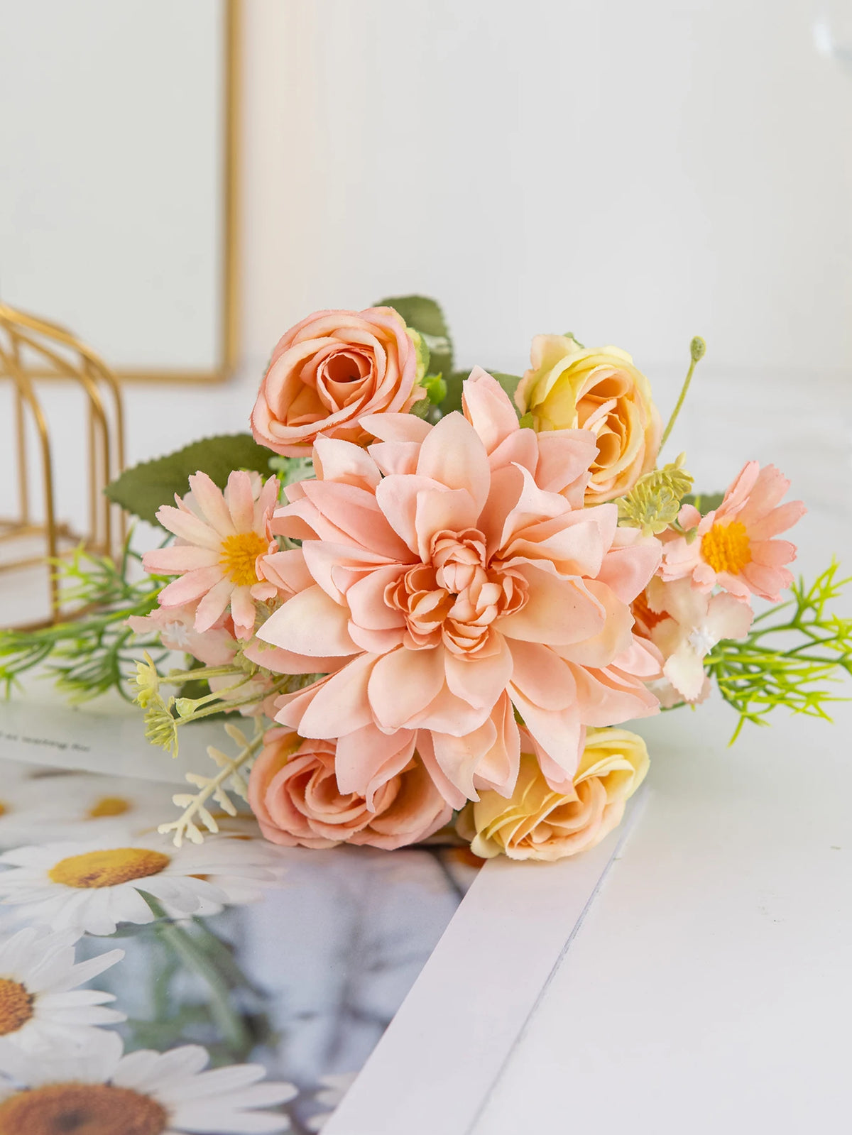 Artificial Silk Rose Dahlia Bouquet – Wedding & Home Décor Artificial Flower Bouquet Babs Champagne 3 pcs