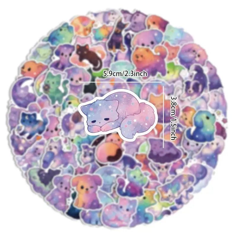 50/100-Pack Waterproof Cat & Dog Starry Night Doodle Stickers Decorative Stickers Babs