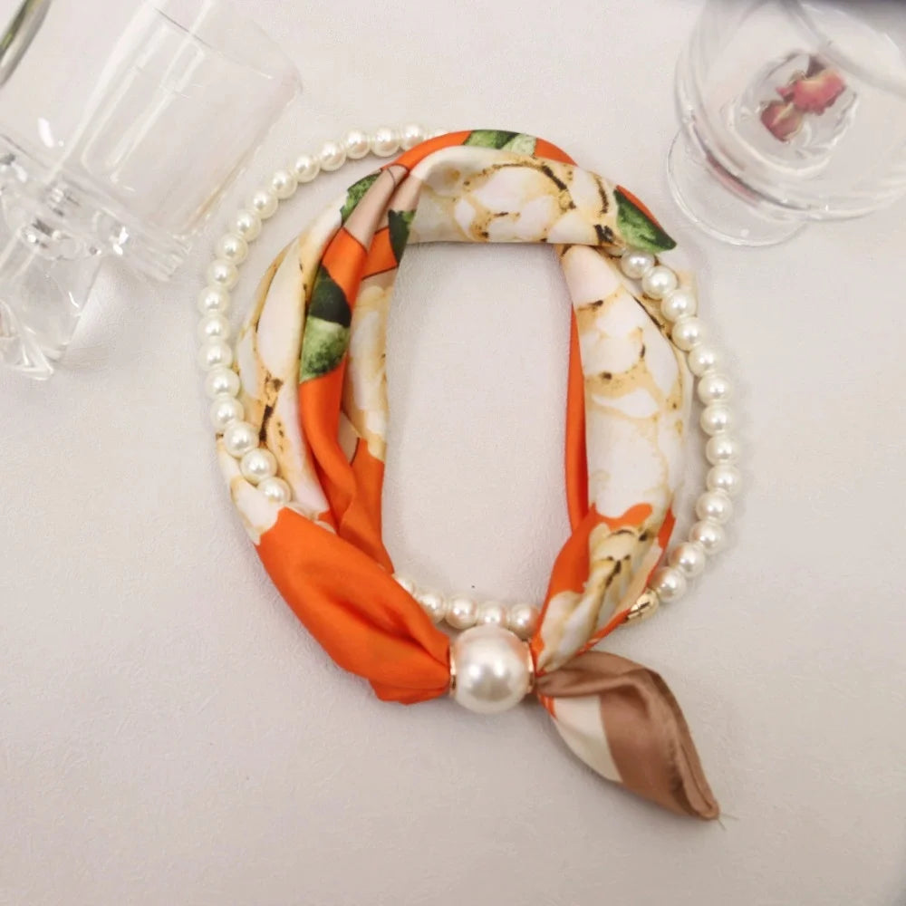 Layered Scarf Necklace with Pearl Chain – Boho Bandana Style Scarf Necklace Babs Orange