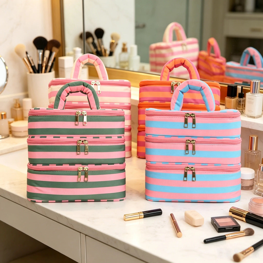 Large 3-Layer Travel Makeup Bag Organizer with Handle Travel Makeup Bag Babs