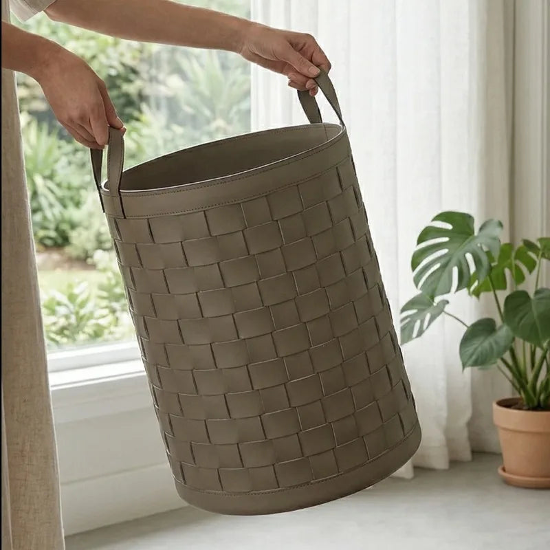 Luxury Leather Woven Storage Basket & Laundry Hamper Storage Basket Hamper Babs