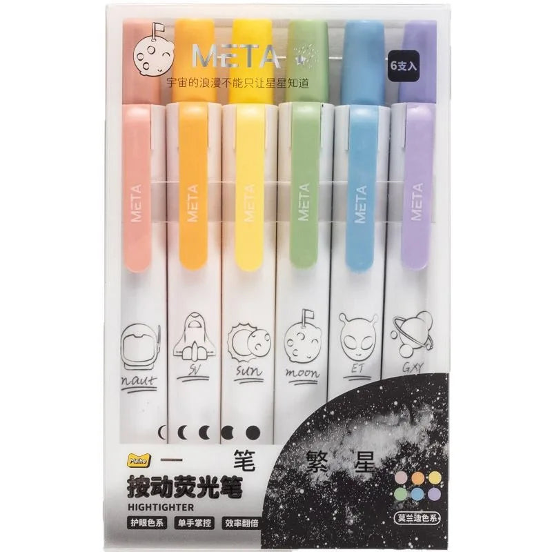 Retractable Highlighter Pens 6-Pack | Pastel Cartoon Colors Highlighter Pen Set Babs