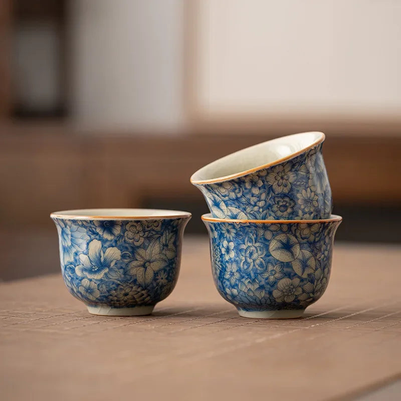 Ice Crack Porcelain Tea Cup – Blue & White Buddhist Retro Style Porcelain Tea Cup Babs