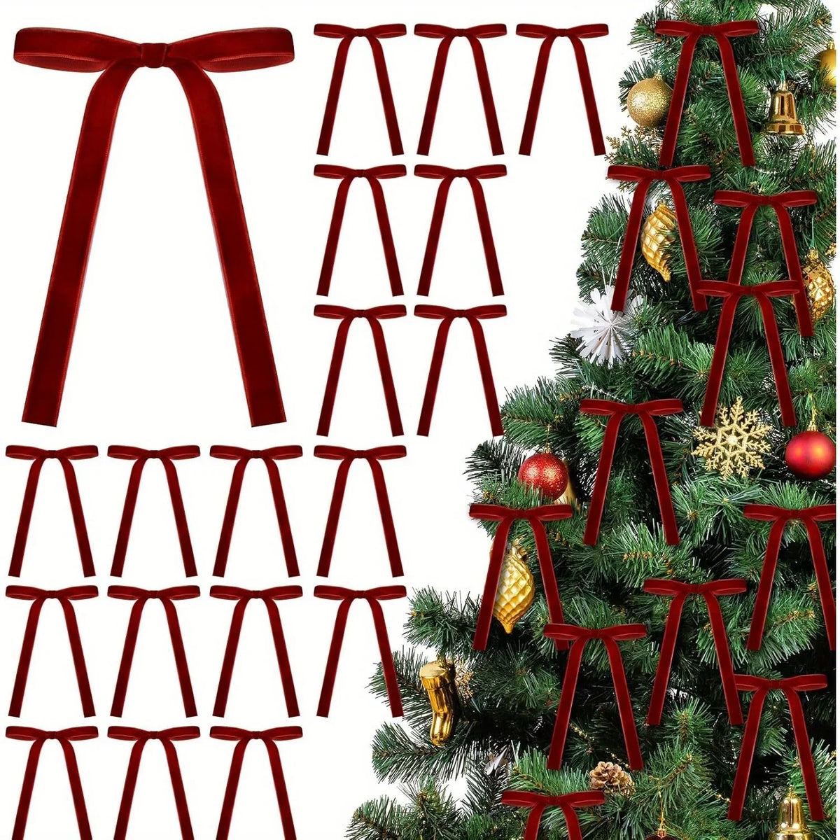 24 Velvet Christmas Bows – Rustic Tree & Gift Decoration Christmas Decor Bows Babs