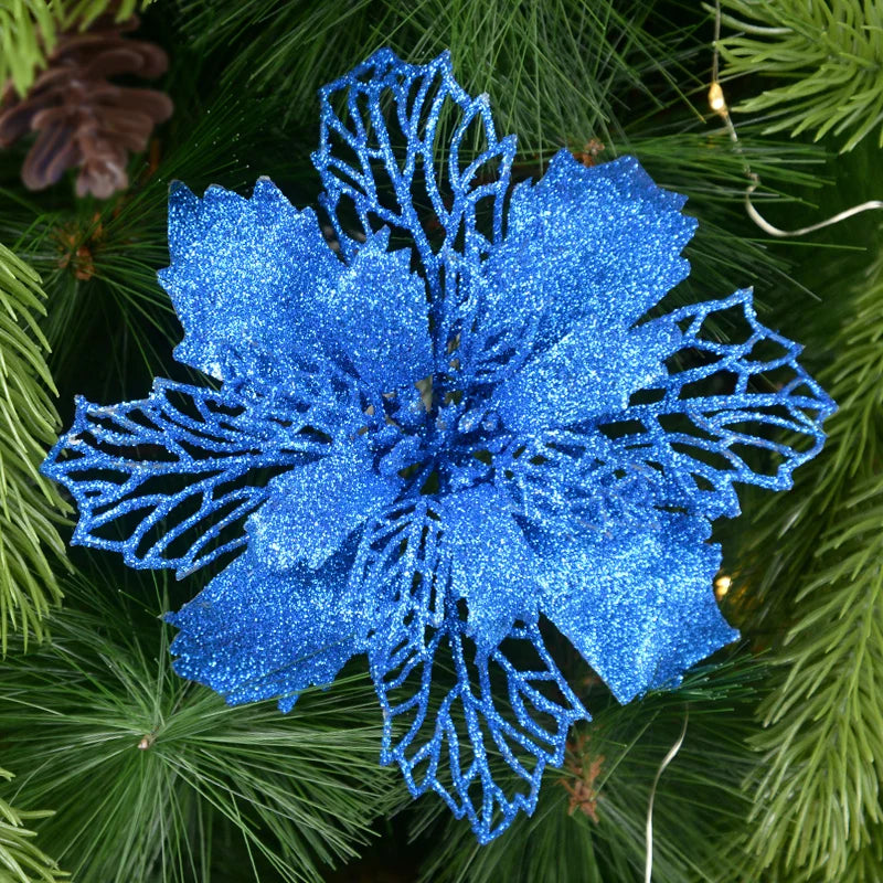 5pcs Glitter Artificial Christmas Flowers – Tree & Home Decor Christmas Floral Picks Babs royal blue 9cm