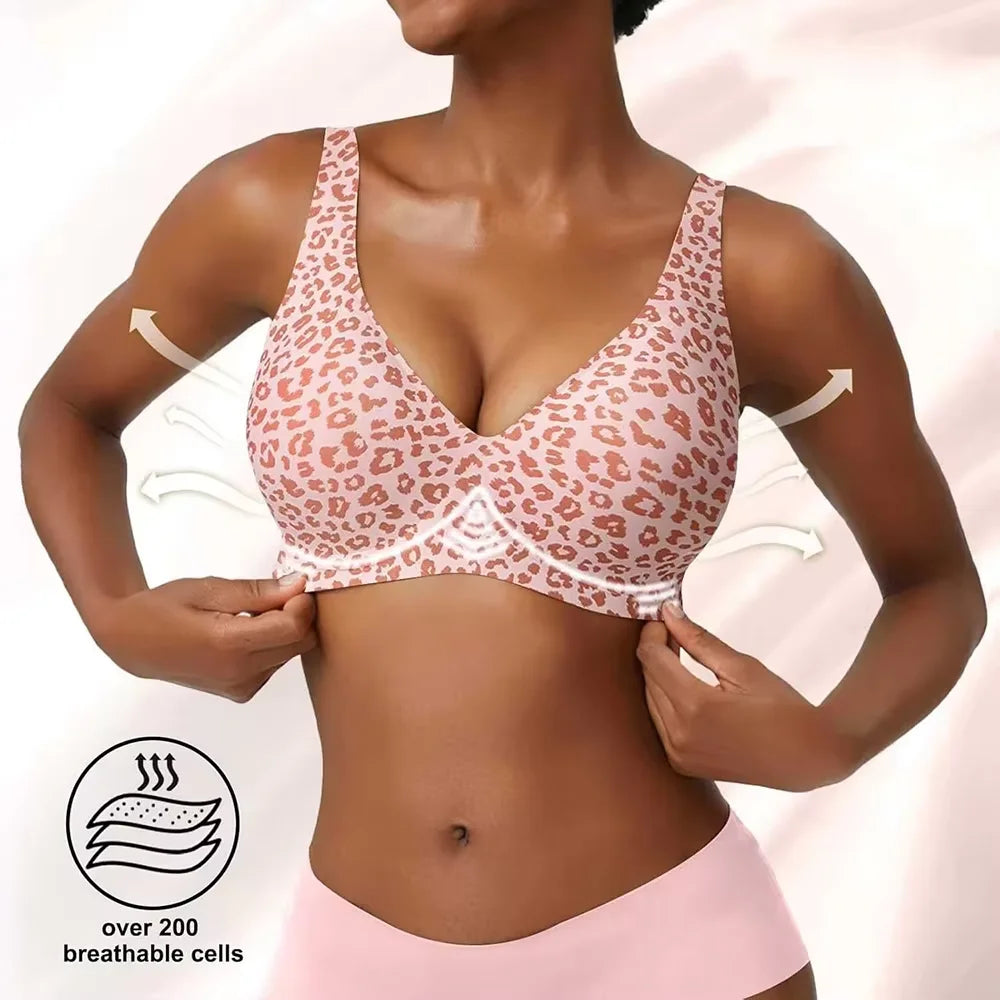 Pink Leopard Deep V Push Up Wireless Bra | Seamless Bralette Wireless Push Up Bra Babs