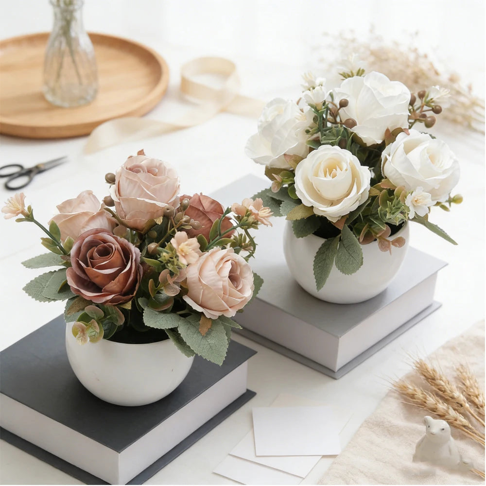 Silk Rose Artificial Flower Bonsai with Vase – Wedding & Home Décor Artificial Flower Bonsai Babs