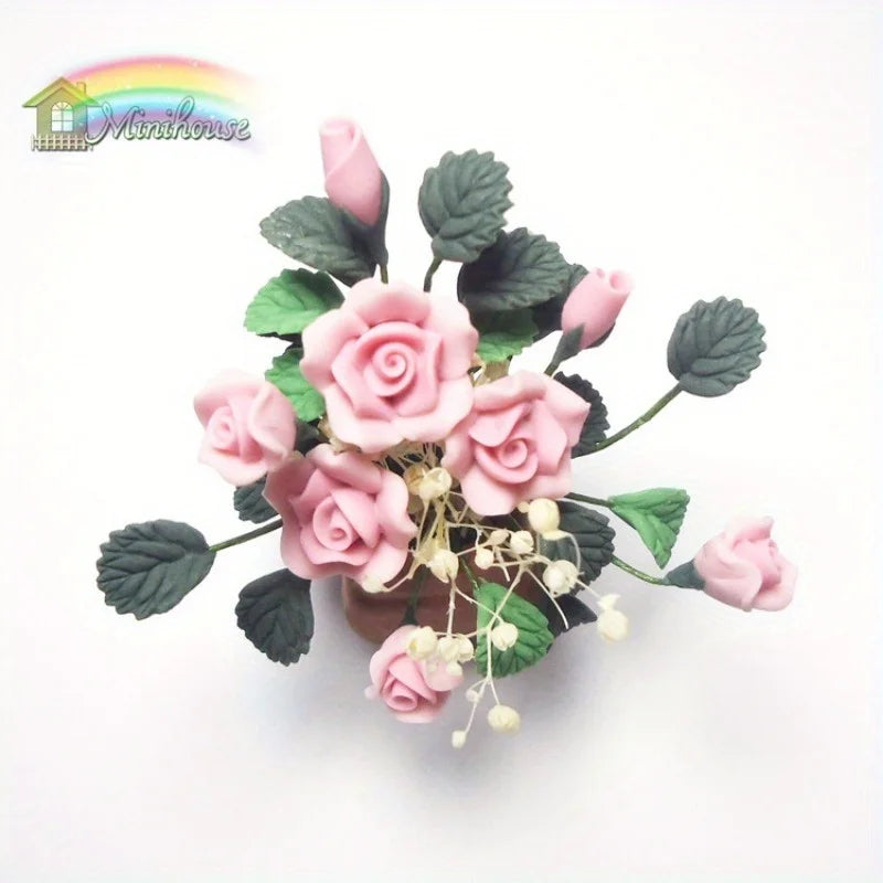 1/12 Mini Clay Rose Potted Plant – Dollhouse Miniature Décor Dollhouse Miniature Babs