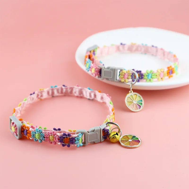 Adjustable Cat Collar – Lace Flower, Bell & Alloy Pendant Pet Collar Babs