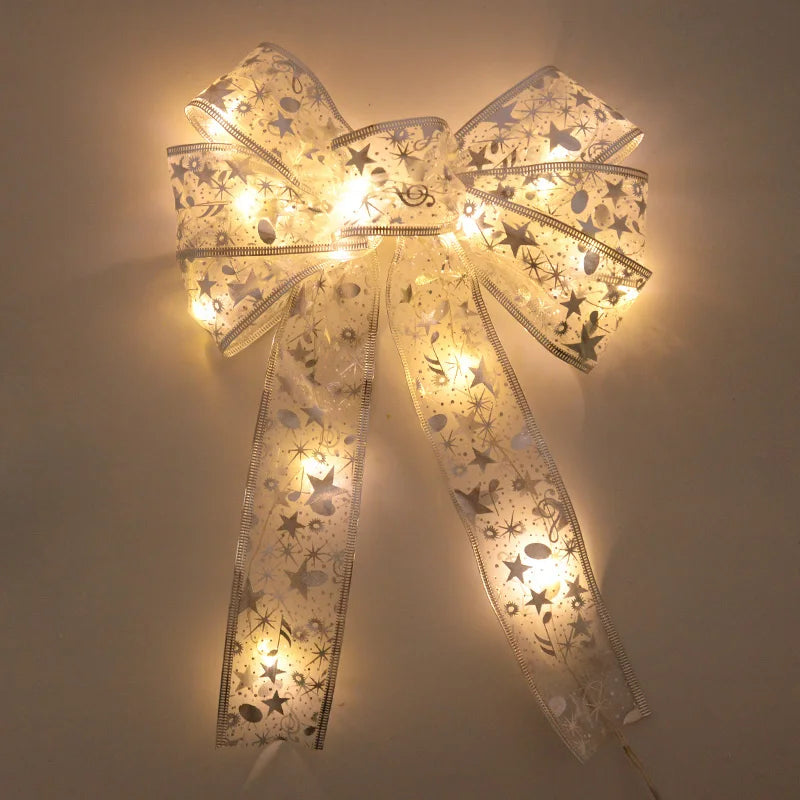 LED Bow Ribbon Christmas Tree Topper Ornament | 2025 Christmas Tree Topper Babs Silver 28.5X20CM