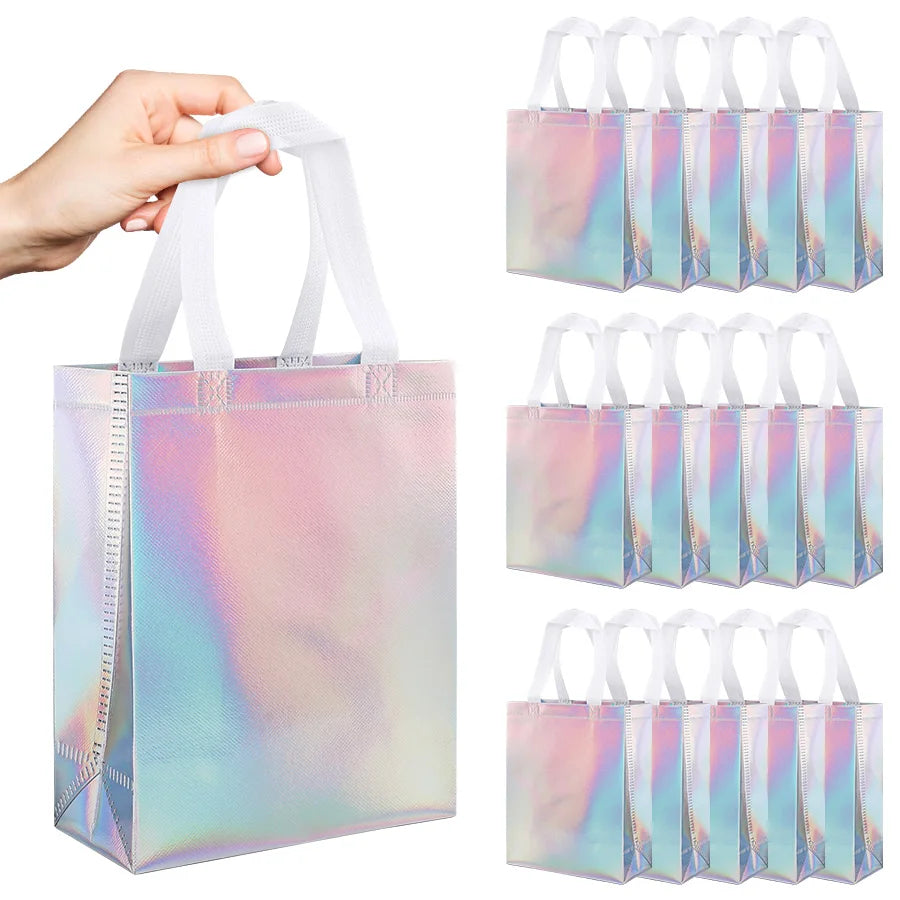 10Pcs Iridescent Silver Gift Bags with Handles | Party & Wedding Gift Bags Babs