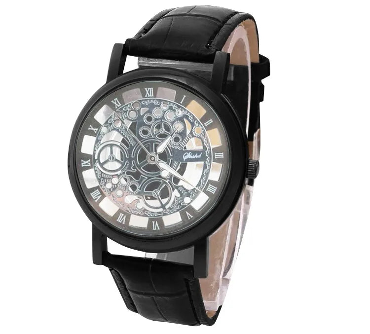 Men's Skeleton Quartz Watch | Leather Strap, Roman Numeral Dial Men's Quartz Watch Babs H