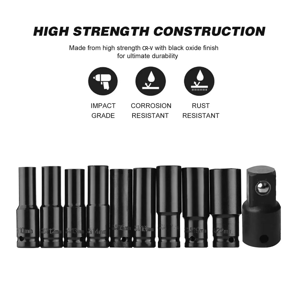 1/2" Drive Deep Impact Socket Set – Heavy Duty Chrome Finish Impact Socket Set Babs