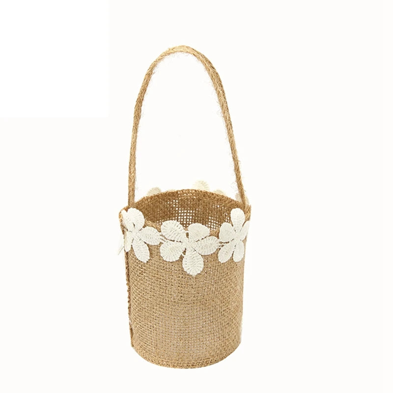Rustic Lace Linen Flower Basket – Wedding & Party Gift Bag Decorative Flower Basket Babs 9