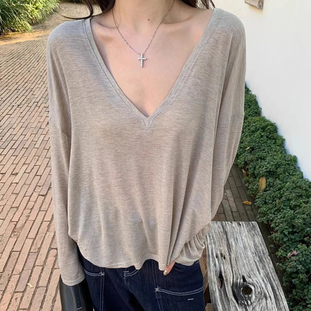 Oversized Sheer V-Neck Long Sleeve Swim Cover Up Beach Pullover Swim Cover Up Babs