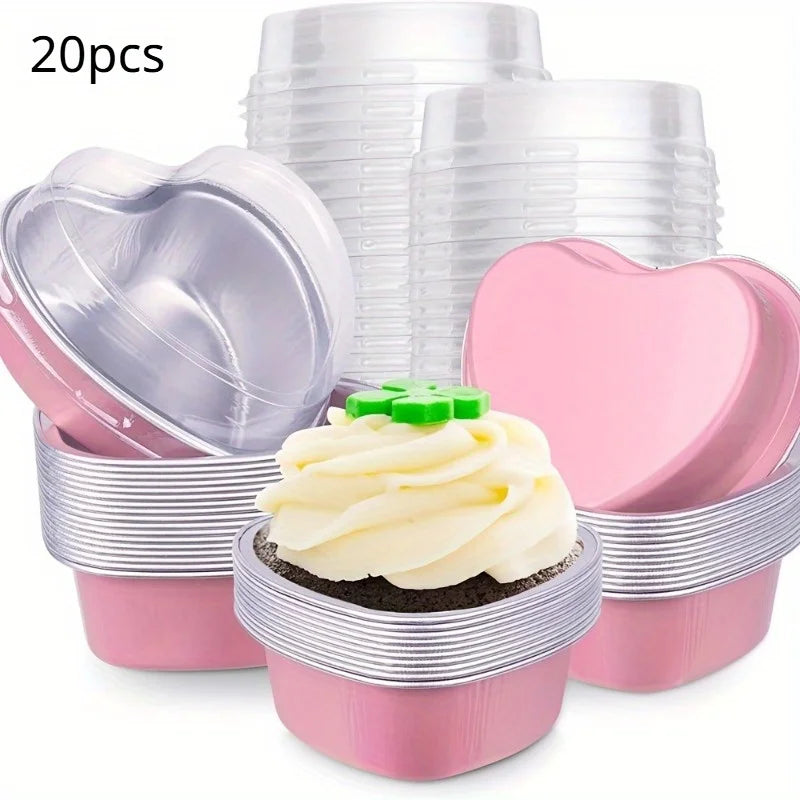 20pcs Heart-Shaped Aluminum Foil Cake Cups with Lids Foil Cake Molds Babs Pink