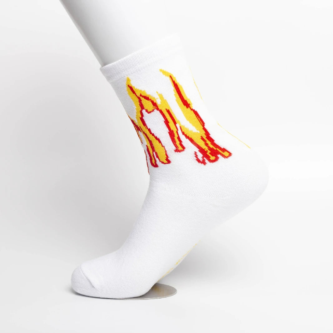 Men's Hip Hop Flame Print Crew Socks | Cotton Skateboard Socks Men's Crew Socks Babs WHITE One Size