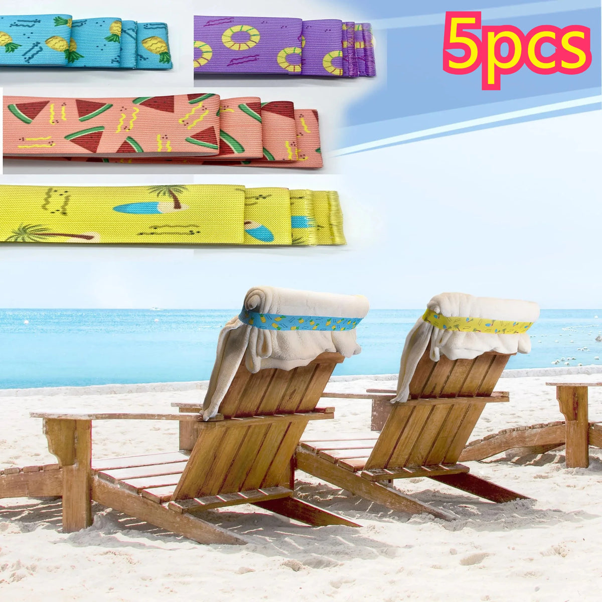 5-Pack Fruit Print Elastic Beach Towel Bands | Anti-Slip Straps Beach Towel Bands Babs