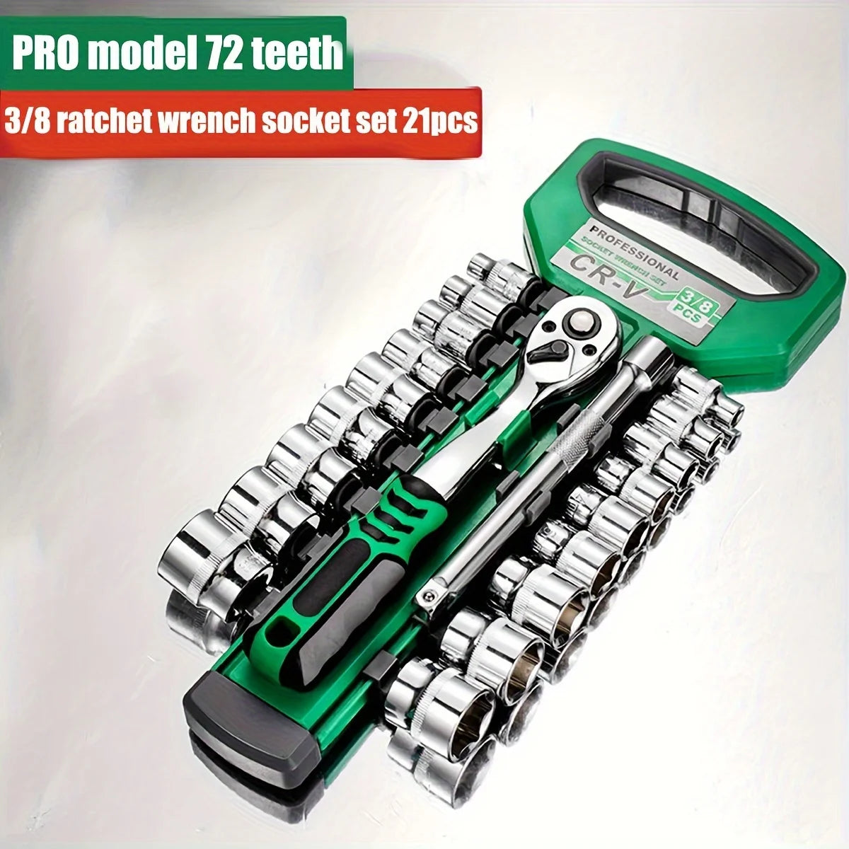 21-Pc 3/8" Drive 72-Tooth Ratchet Socket Set | Pro Tool Kit Ratchet Socket Set Babs 21pcs