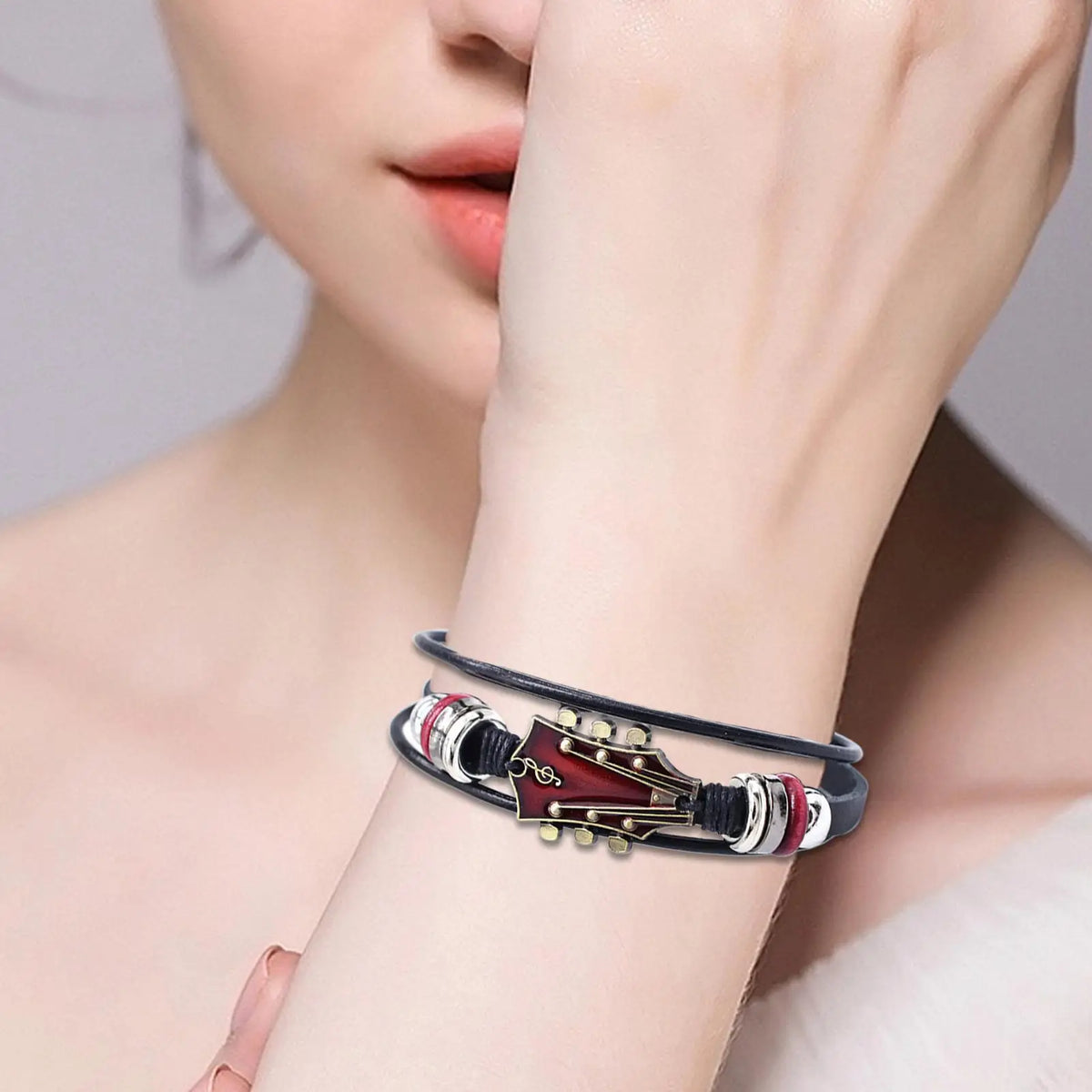 Retro Punk Guitar Charm Bracelet – Braided PU Leather Wrap Charm Wrap Bracelet Babs