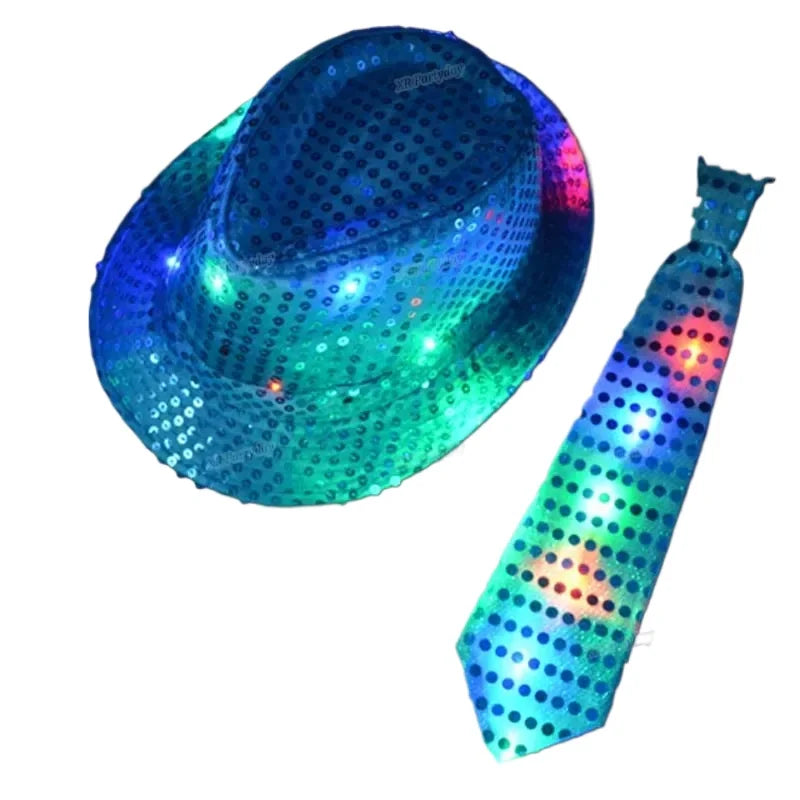 LED Light Up Sequin Jazz Hat & Tie Set | Party Costume LED Party Costume Set Babs