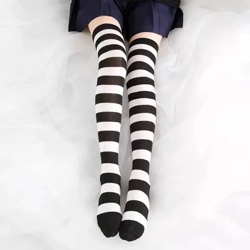 Lolita Striped Knee High Stockings – Cosplay Anime Socks Knee High Stockings Babs Black One Size