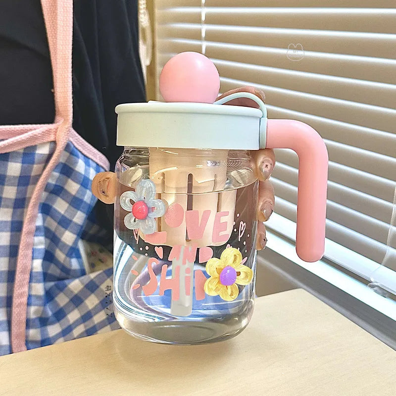 Cartoon Glass Cup with Straw & Tea Strainer | Home & Office Glass Tea Mug Babs blue pink