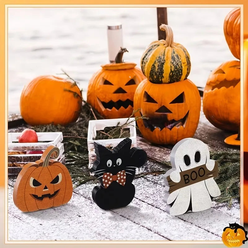 Halloween Wooden Table Decor Set – Black Cat, Pumpkin & Ghost Halloween Table Decor Babs