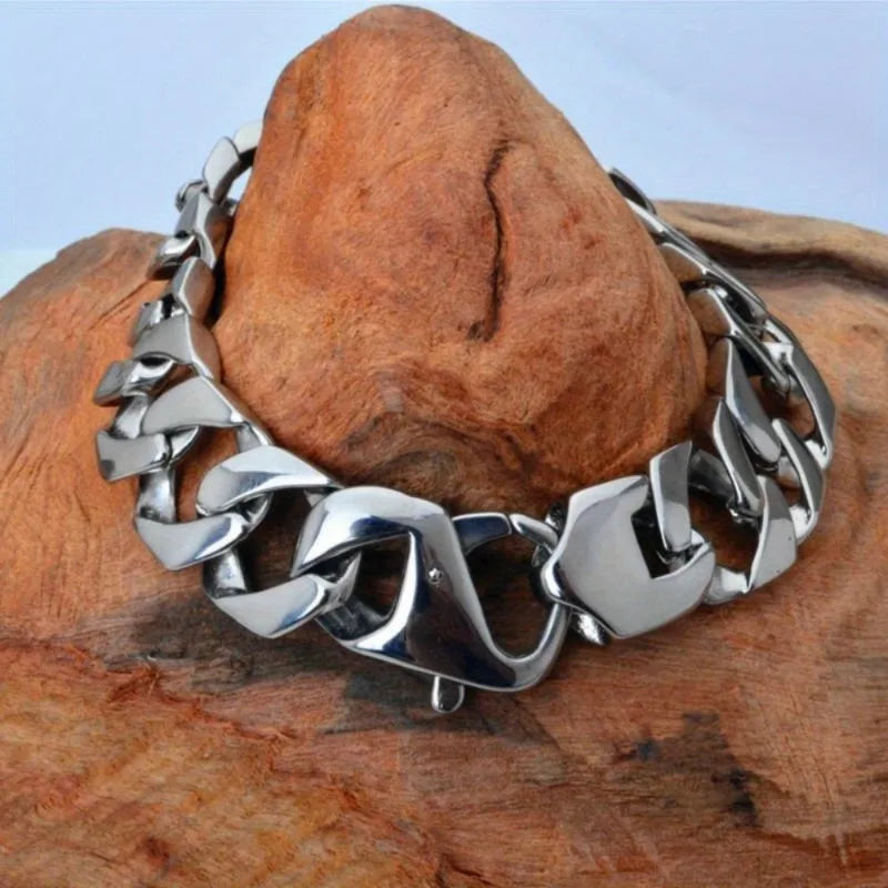 Titanium Steel Biker Curb Chain Bracelet – Unisex Black Silver Chain Link Bracelet Babs