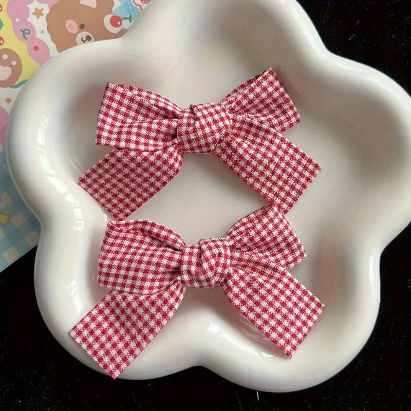 Red & White Checkered Bow Hair Clips – Polyester Hairpins Bow Hair Clips Babs