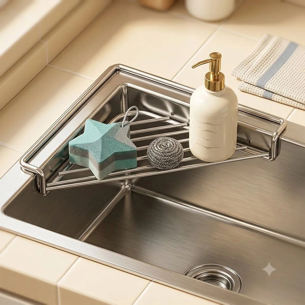 Stainless Steel Triangle Sink Caddy – Sponge & Drain Organizer Sink Storage Rack Babs