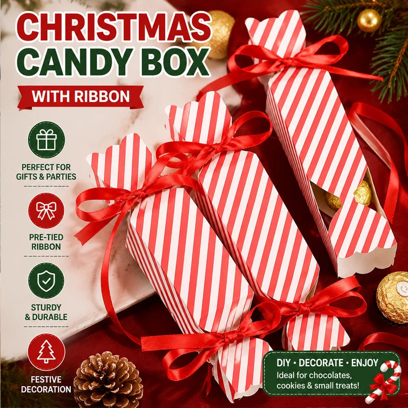 Christmas Red Candy Gift Boxes with Ribbon – Party Favors & Ornaments Holiday Gift Box Babs