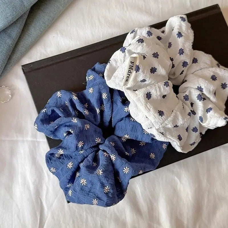 Korean Floral Hair Scrunchies – Blue & White Elastic Hair Ties Hair Scrunchies Babs