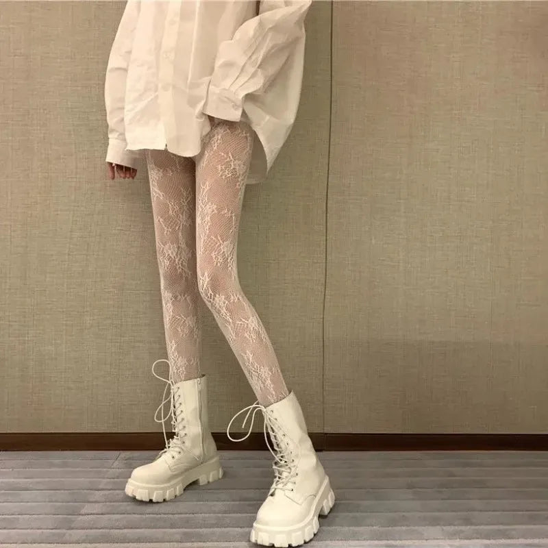 Lolita Lace Mesh Pantyhose – Floral Jacquard Fishnet Tights Lace Fishnet Tights Babs