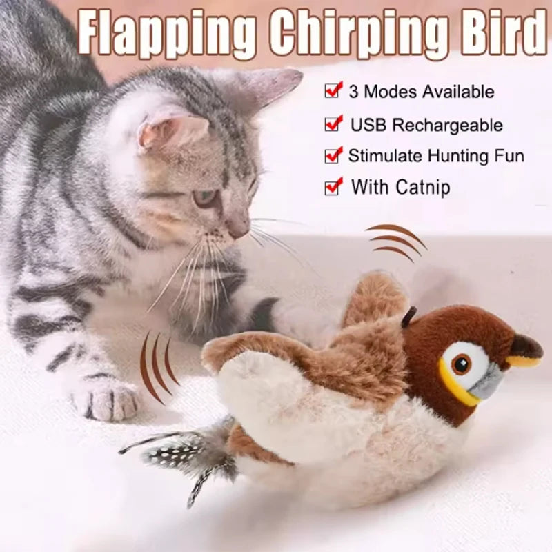 Flapping Bird Cat Toy – Bite Resistant Plush Sparrow Cat Plush Toy Babs