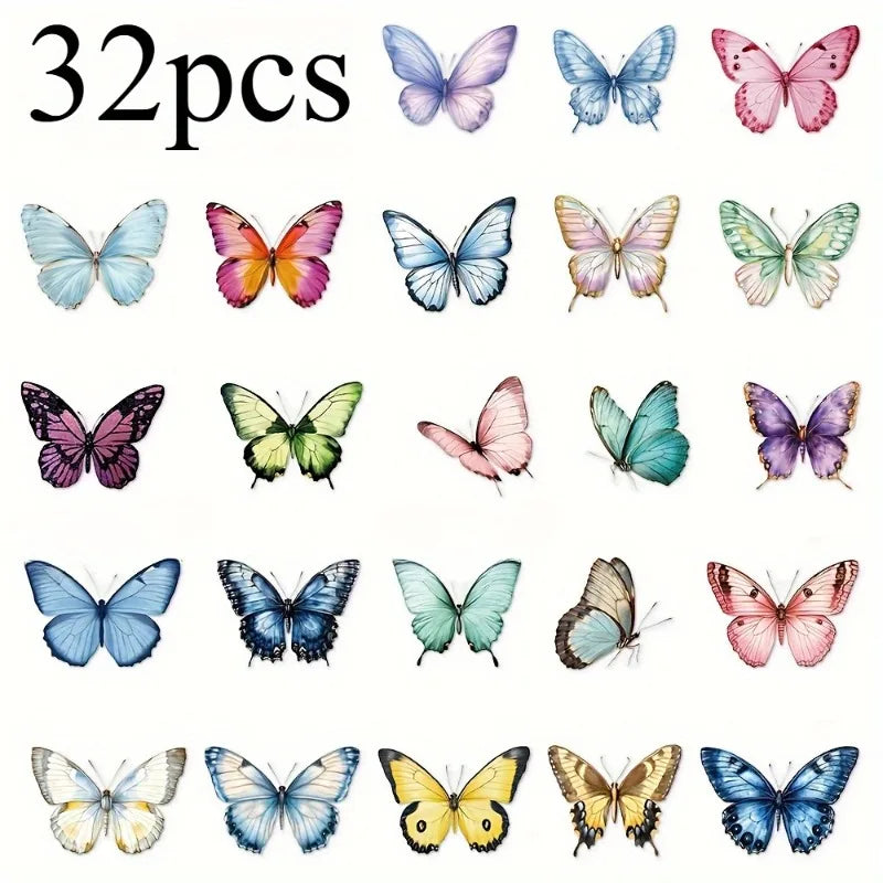 32 Pcs Butterfly Stickers – Waterproof PET for Laptops & Scrapbooks Decorative Sticker Set Babs
