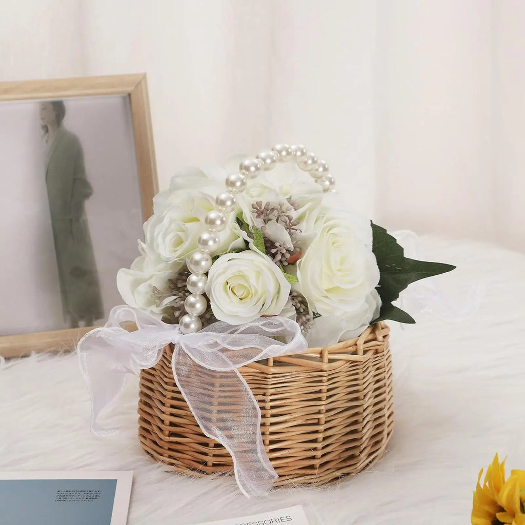 Wicker Rattan Flower Girl Basket | Pearl Handle & Bow Wicker Gift Basket Babs