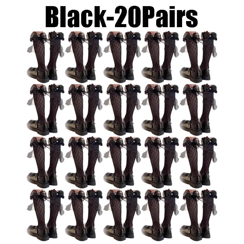 Lace Bow Thigh High Socks – Sheer Mesh Stockings for Women Thigh High Stockings Babs Black--20Pairs 35-39