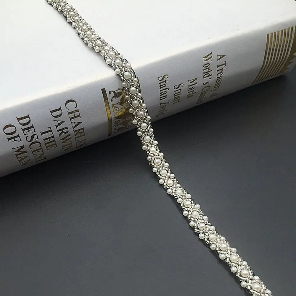 Beaded Pearl Lace Trim Ribbon for Bridal Wedding Dress – 1 Yard Bridal Lace Trim Babs