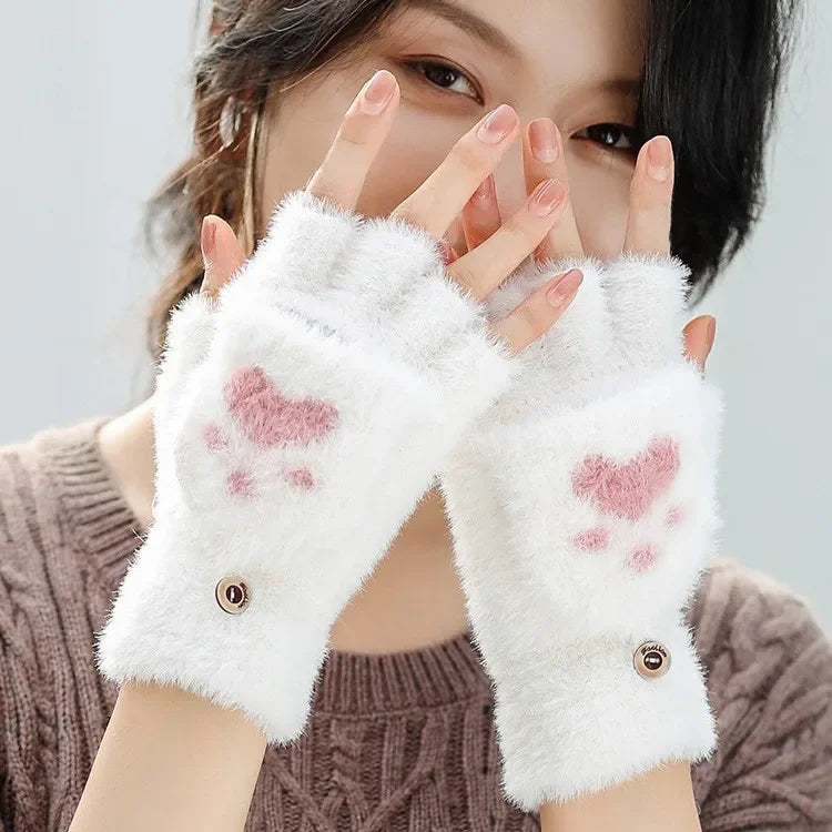 Cat Paw Convertible Flip-Top Mittens – Plush Lined Winter Gloves Convertible Mittens Babs