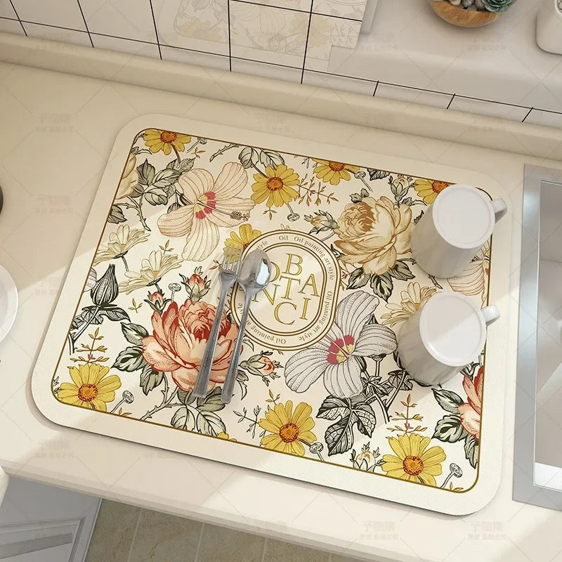 Diatom Mud Coffee Machine Mat – Quick-Dry Dish Drying Pad Dish Drying Mat Babs Yellow Flower 50X60CM