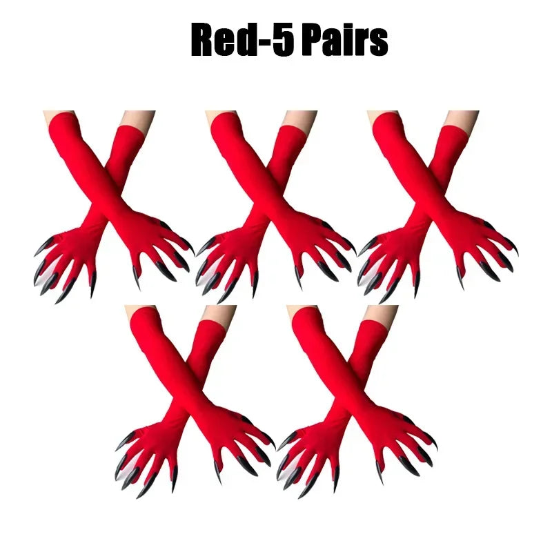 Scary Witch Claw Halloween Gloves – Long Nail Costume Mittens Halloween Costume Gloves Babs Red-5Pairs One Size