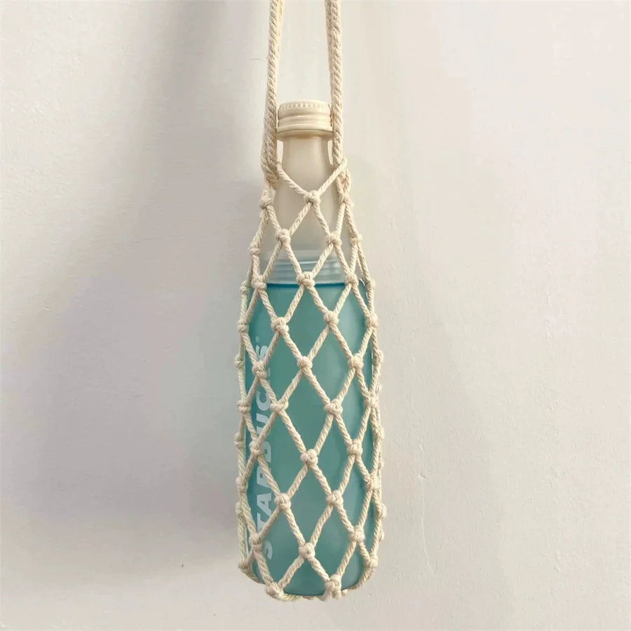Handwoven Crossbody Cup Holder & Water Bottle Sleeve Bag Crossbody Bottle Bag Babs white