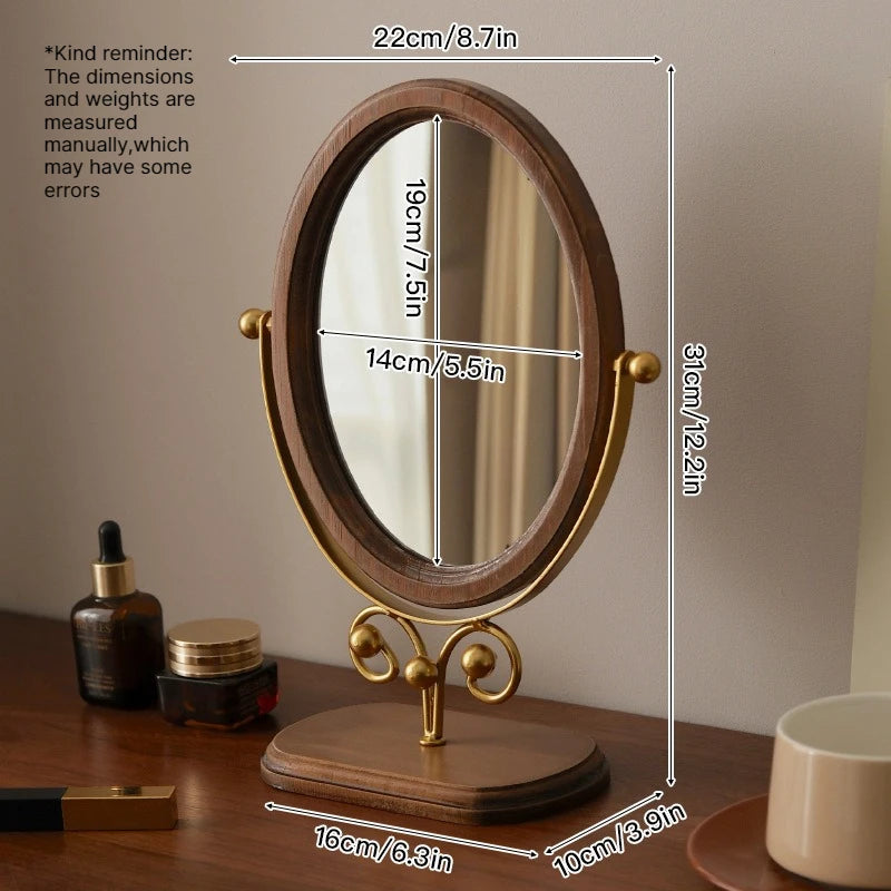 Oval Retro Makeup Mirror – HD 360° Rotating Wooden Frame Vanity Makeup Mirror Babs C